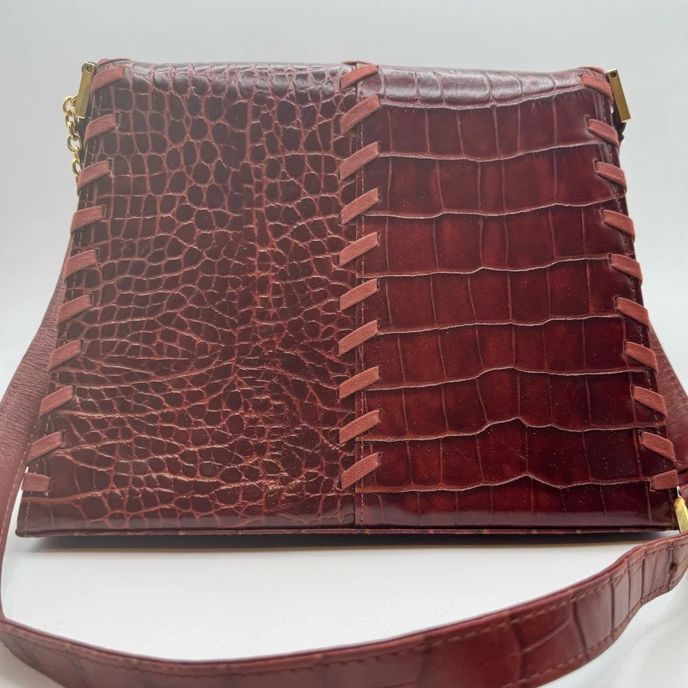 YSL Croc Embossed Whipstitch Baguette Shoulder Bag Cognac Gold Hardware - Picture 3 of 12